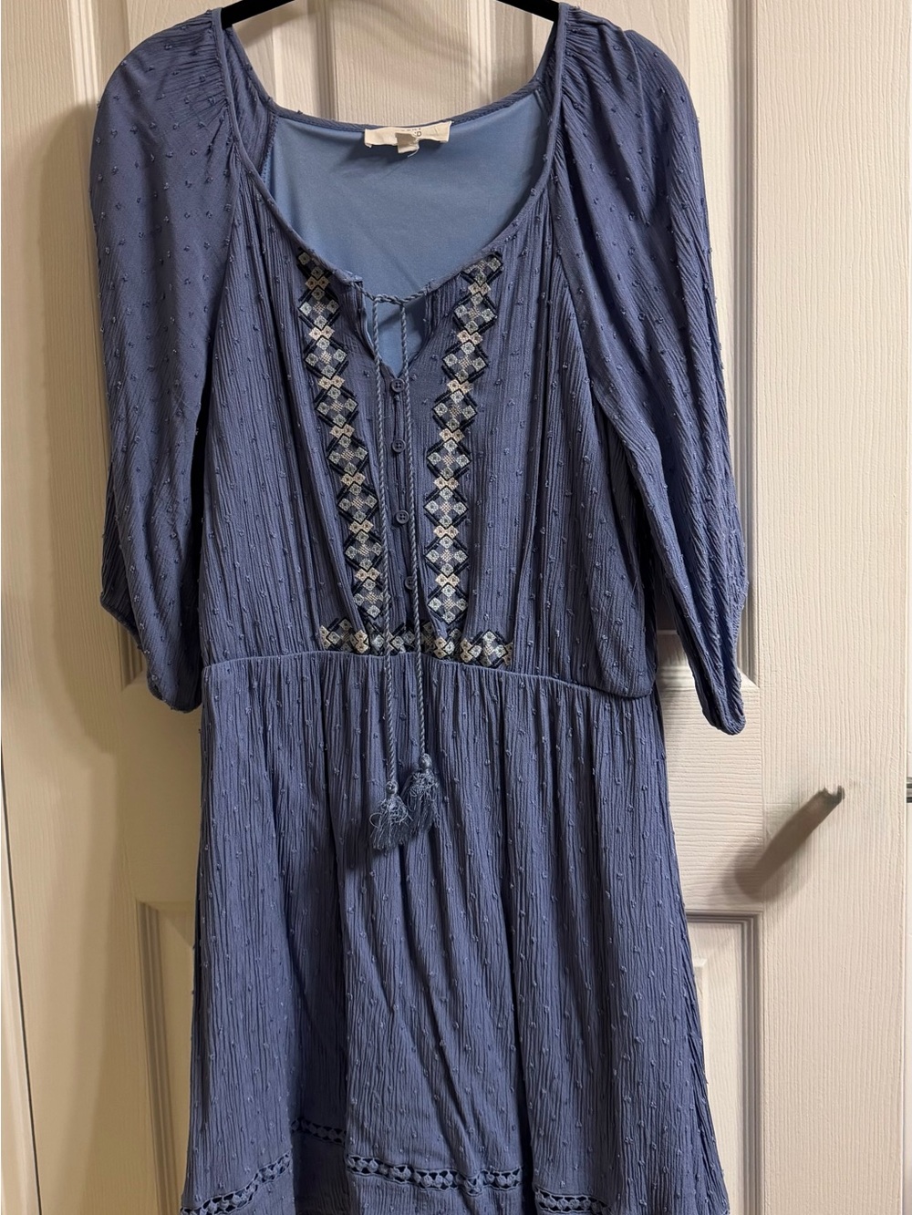 Boho Embroidered Scoop-Neck Dress in Dusty Blue